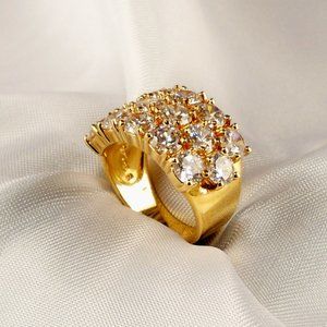 New Technibond Round Cut Cubic Zirconia Cluster Gold Wide Band Ring